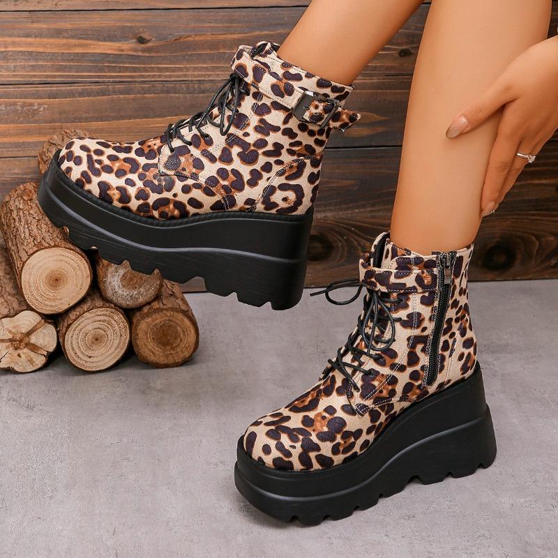 New Popular Women's Shoes Plus Size Ankle Women's Boots Platform Modern Boots Women Leopard Side Zip Front Lace-up Wedges Shoes