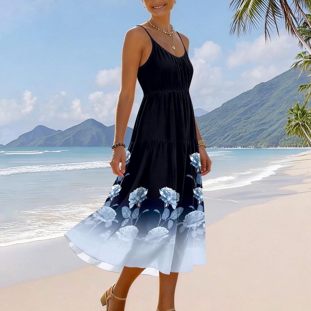 Women's Summer Floral Print Adjustable Strap Bohemian Casual Beach Holiday Midi Dress with Pockets for Relaxed Outings
