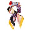 Satin Women' Scarf 70x70 - Colorful Equestrian Motif, Yellow Frame, Artistic Style