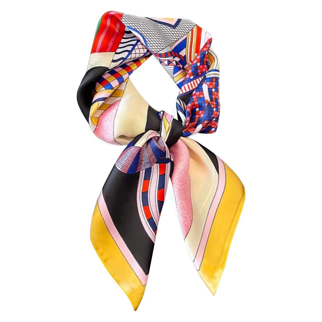 Satin Women' Scarf 70x70 - Colorful Equestrian Motif, Yellow Frame, Artistic Style