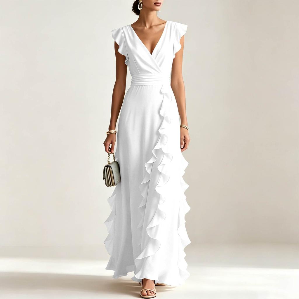 Women V Neck Short Sleeve Ruffle Hem Ruched Maxi Dress with Waist for Formal and Evening Occasions
