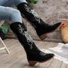 Cizme de damă cu toc jos și broderie retro, toc înalt, toc cowboy, cizme de damă cu vârf ascuțit, cizme de damă negre din piele întoarsă, mărimea 43