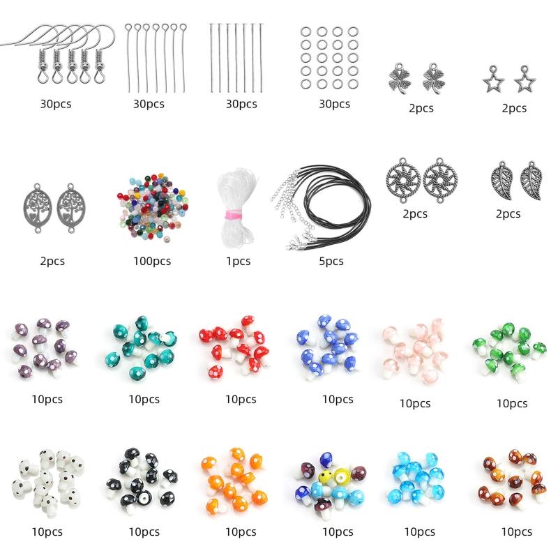 120X Mixed Mushroom Charm Bead Spacer Loose Beads with Clear Elastic Thread Pendant Hook for Jewelry Making DIY Supplies