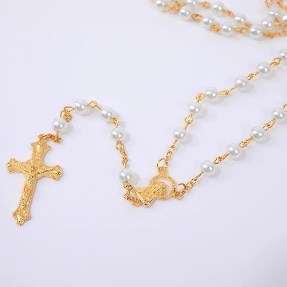 Religieuze Rozenkrans Ketting Voor Vrouwen 6MM Witte Imitatie Parels Lange Ketting Kruisbeeld Kruis Hanger Gebed Feest Sieraden Cadeau