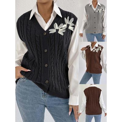 Dame Strikket Cardigan Efterår Vinter Afslappet Ydertøj Vest Flettet Maskinstrikket Sweater 3D Blomst Lappeløsning Vest