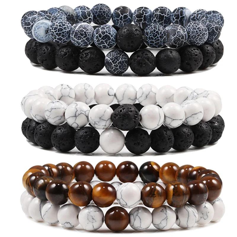 New Design Set Bracelet Couples Natural Stone Bracelets Tiger Eye Beaded Yoga Bracelets for Men Women Elastic Rope Jewelry