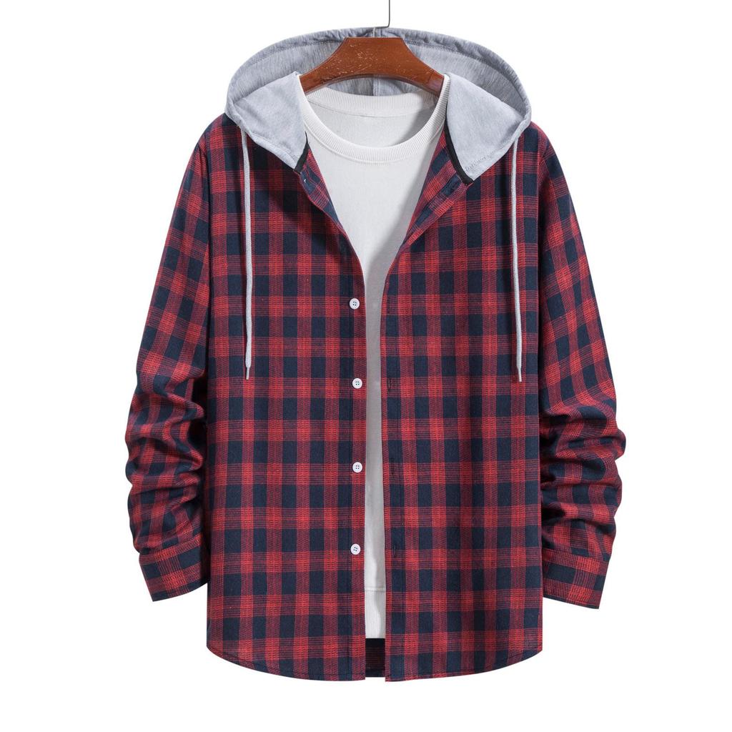 Men Casual Plaid Shirt Hooded Shirts Oversized Casual Shirt Men's Clothes European American Style Handsome Holiday Checked Shirt