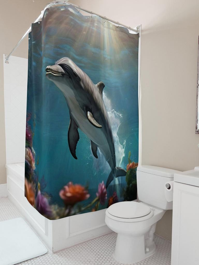 Realistic Dolphin Scene Shower Curtain - Lifelike Ocean Life Design For A Unique, Waterproof Bathroom Dcor