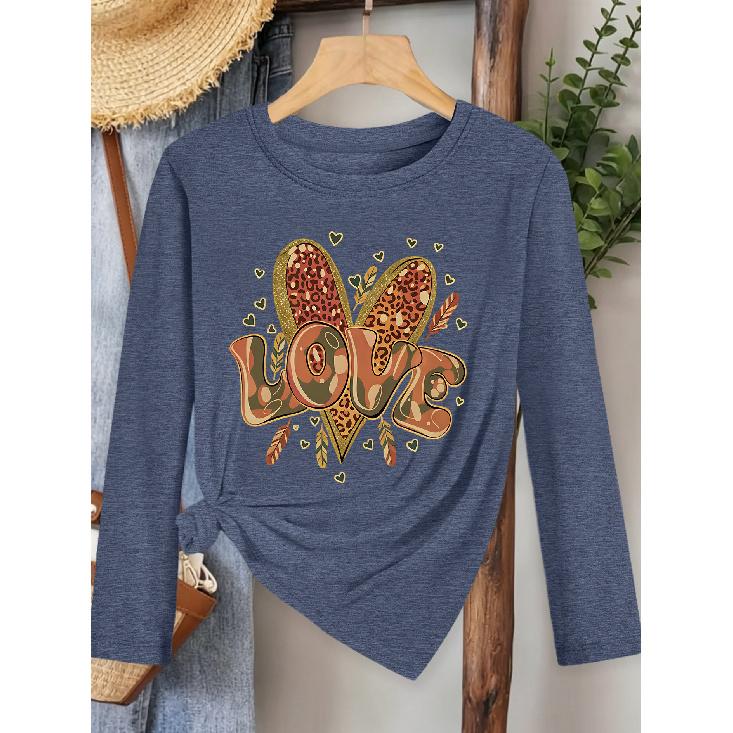 Camouflage LOVE Heart-print long-sleeve vintage round-neck shirt T Fresh and natural style loose-fitting shirt2026Elegant spring and autumn party