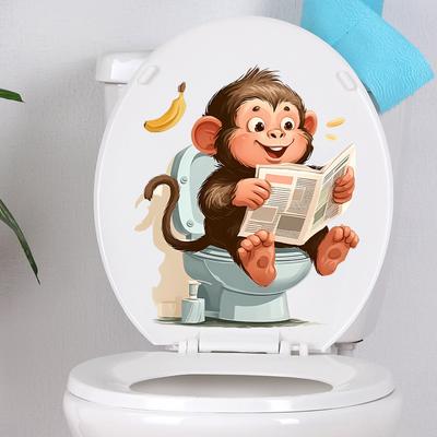 Creative Cartoon Monkey Reading Newspaper Toilet Lid Sticker Self-Adhesive Removable for Bathroom Home Decor