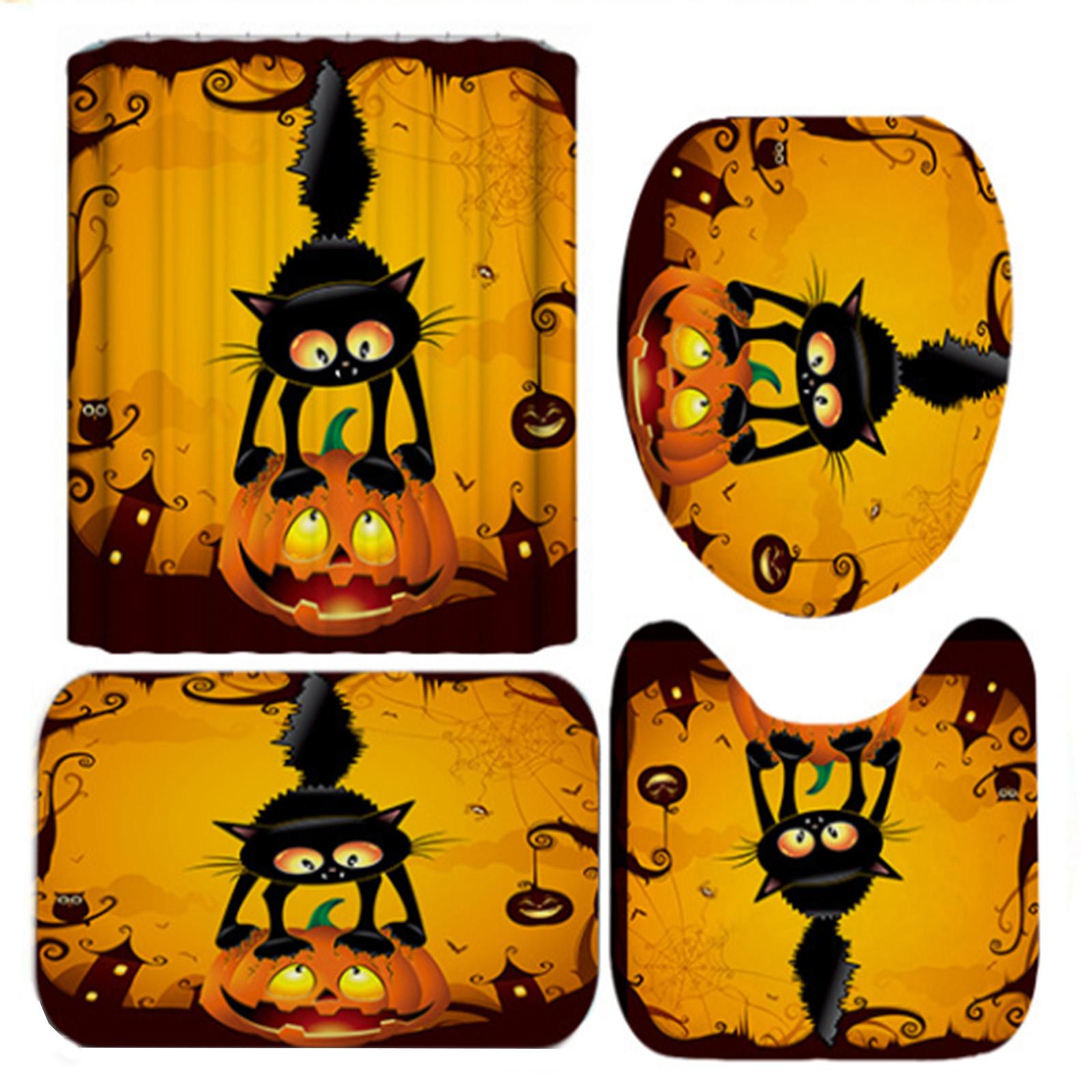 

Halloween Printed Bathroom 4-Piece Set, Shower Curtain + Floor Mat + U-Shaped Mat + Toilet Seat Mat, Waterproof And Punch-Free, With 12 Hooks One Size