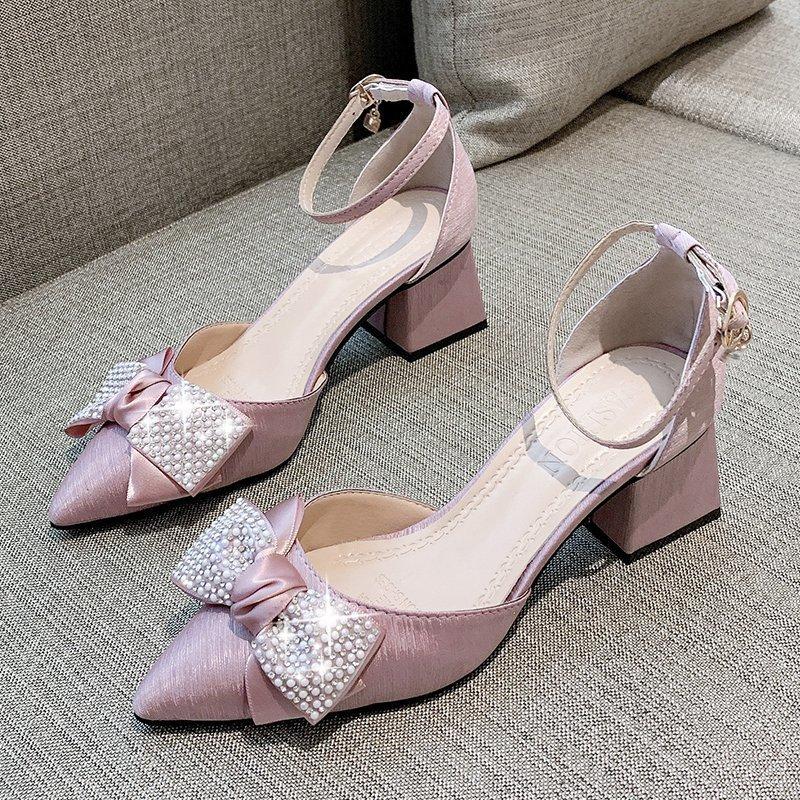 2021 Nuevo girly rosa tacón grueso de pedrería lazo de pedrería con  puntiagudo suave zapatos individuales de tacón medio para mujeres comprar a  buen precio — entrega gratuita, reseñas reales con fotos — Joom