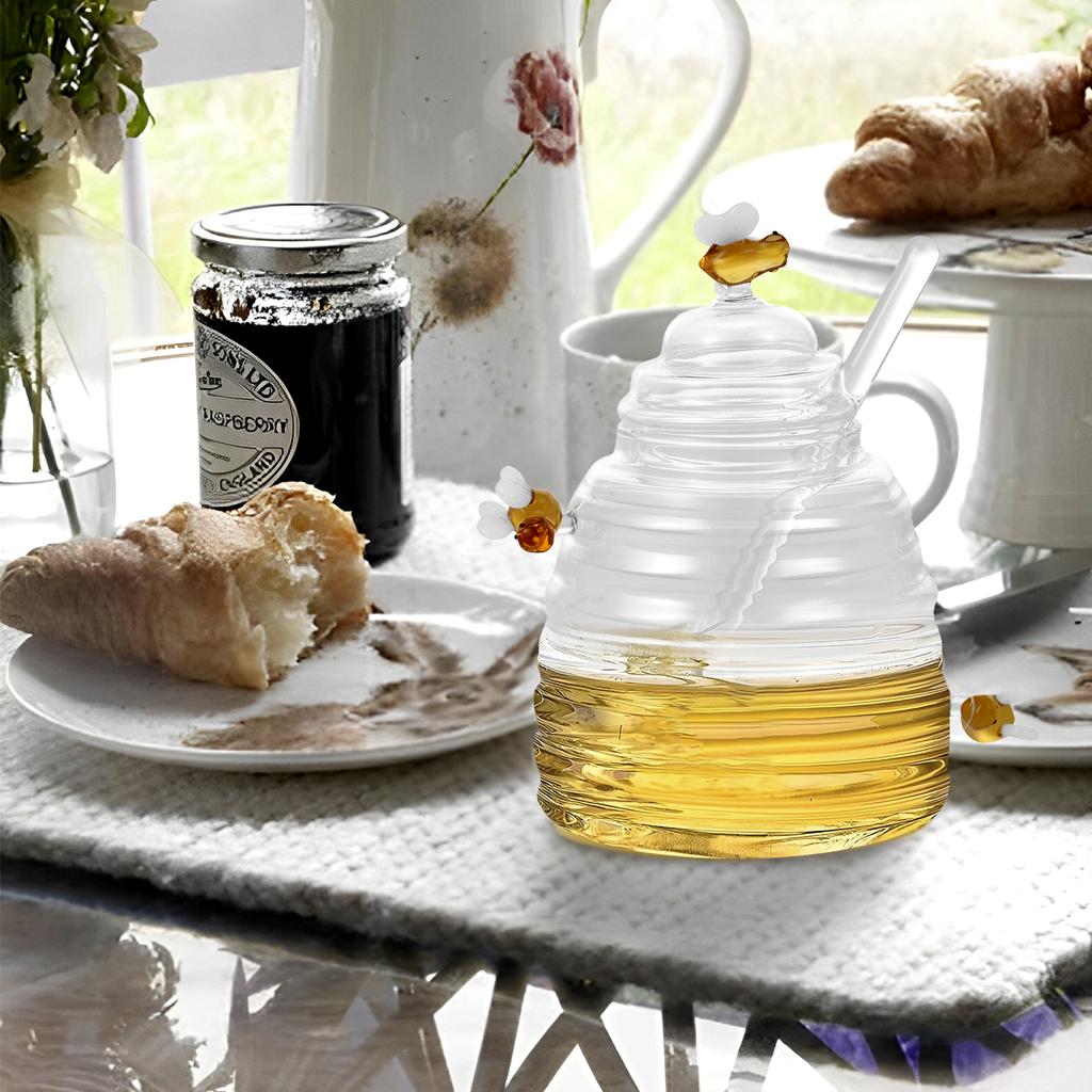 Honey Jar Clear Glass Honey Dispenser with Dipper Stick and Lid Large Capacity Honey Bottle Cute Decorative Honey Container