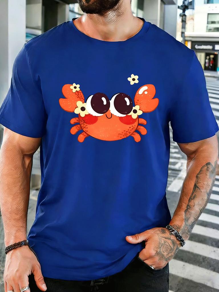 Unisex Short Sleeve T Shirt Cute Crab With Flowers Graphic Tee Sea Animal Print Tops Summer Soft Casual Street Wear For Adult Male