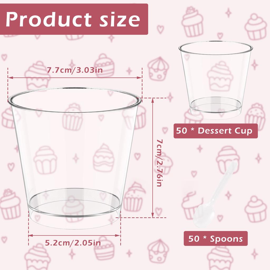 50Pcs Dessert Cups 200ML Round Parfait Appetizer Cups Plastic Dessert Cup for Pudding Mousse Yogurt Snacks Party Supplies