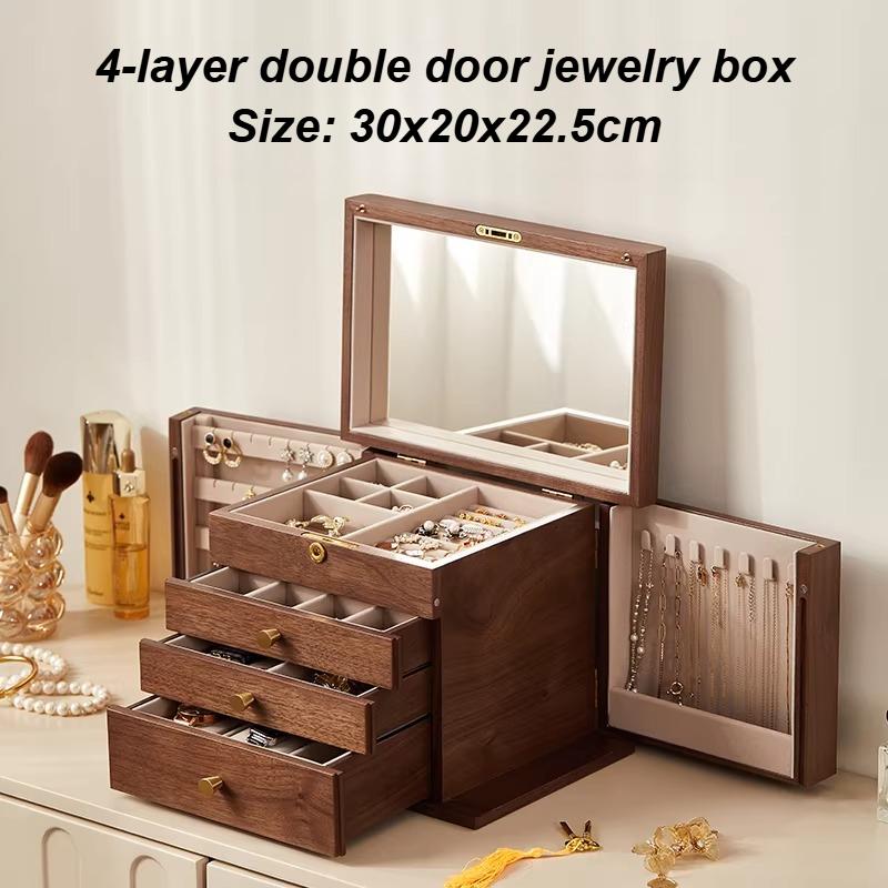 Wood Jewelry Box Large Capacity Earring Necklace Storage Boxes Multiple Drawers Ring Organizer Boxes Retro Jewelry Box with Lock