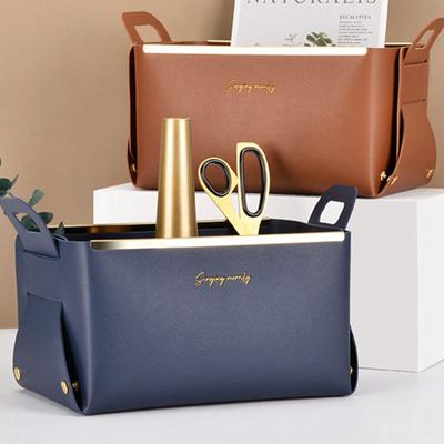 PU Leather Desktop Makeup Organizer Large Capacity Folding Cosmetics Storage Box Detachable Design Witn Handle Holder Box