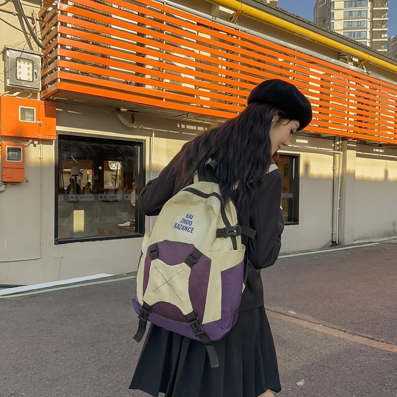 Simple Korean Style Lightweight Dual Shoulder Bag Casual Color Block Large Capacity Backpack For High School