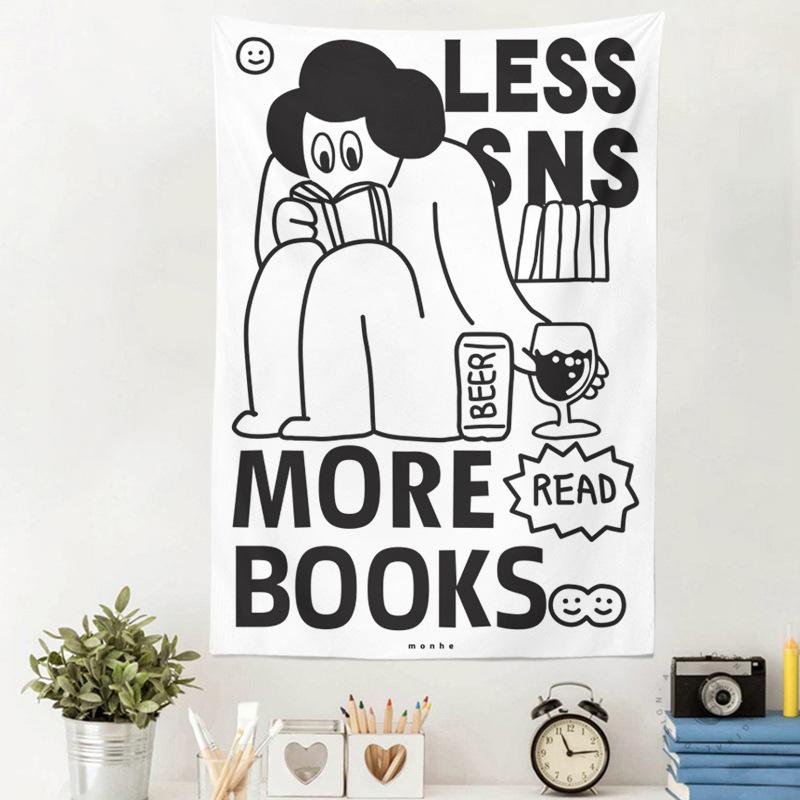 Ins Black And White Minimalist Fun Illustration Tapestry, Laid-Back Style Bedroom And Living Room Background Fabric 100X70CM