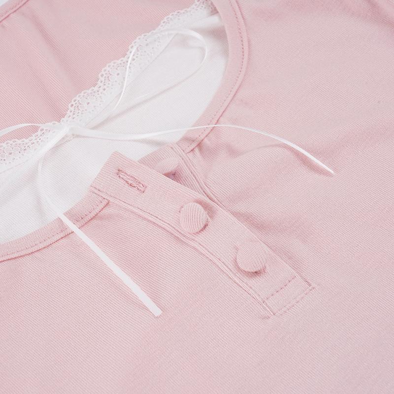 Korean Sweet Style Lace-Trim Two-Piece Long-Sleeve T-Shirt with Bowknot