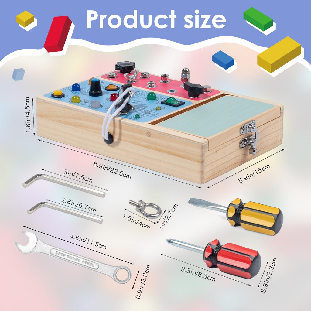 Montessori Wooden Busy Board with LED Light Switches, Sensory Toys Light Switch Fidget Board Travel Toys for Toddler
