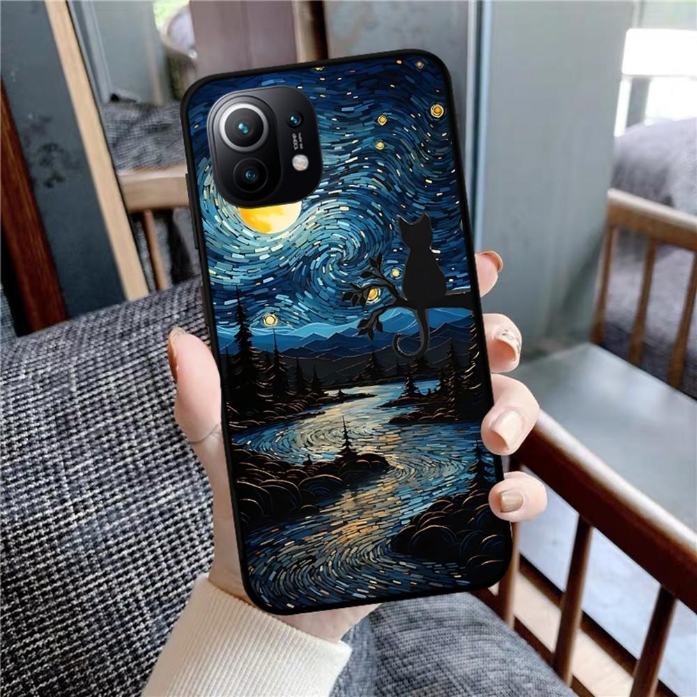 Cartoon Animal Black Cat Oil Painting Phone Case For Xiaomi Mi 5X 8 9 10 11 12 Lite Pro 10T PocoX3pro PocoM3 Note 10 Pro Lite