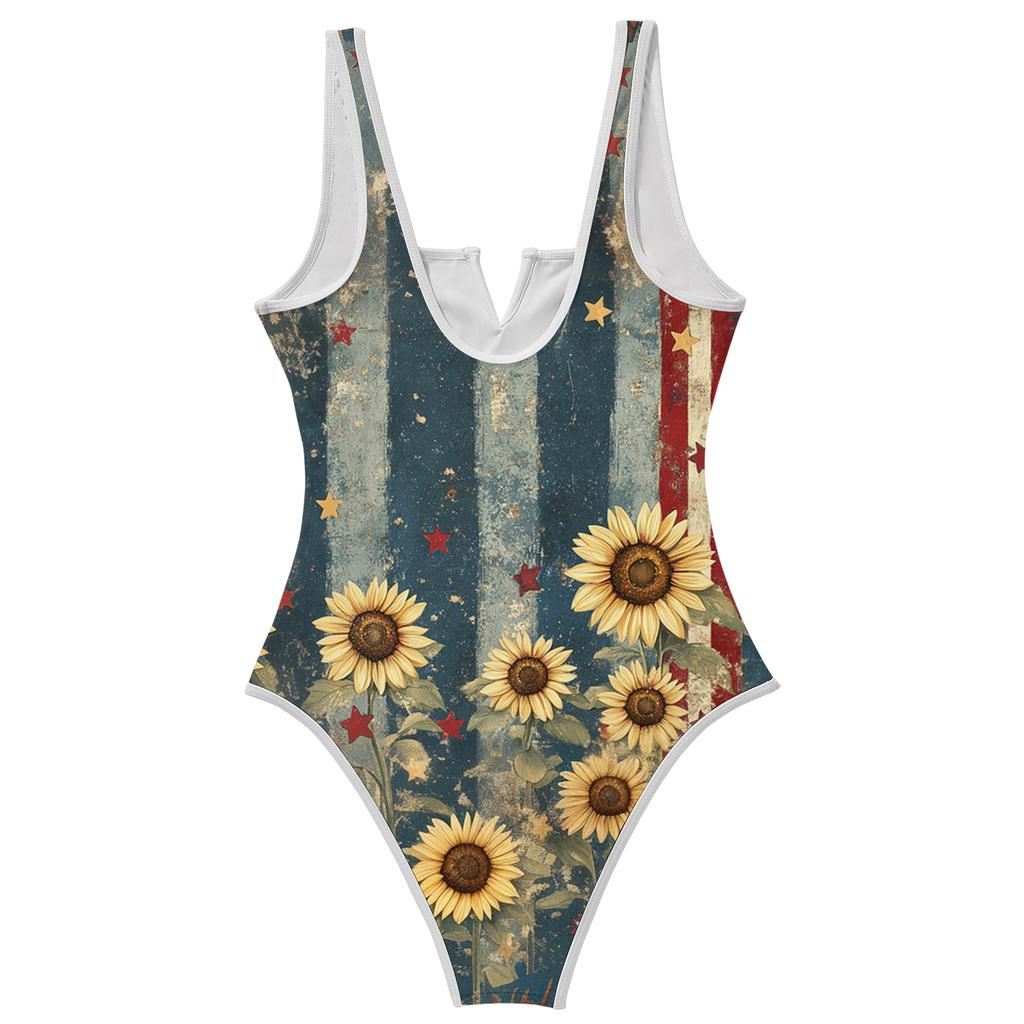 Women Swimsuit Tummy Control Scoop Neck Athletic Bathing Suit Push Up Retro Printed Swimwear Leotard