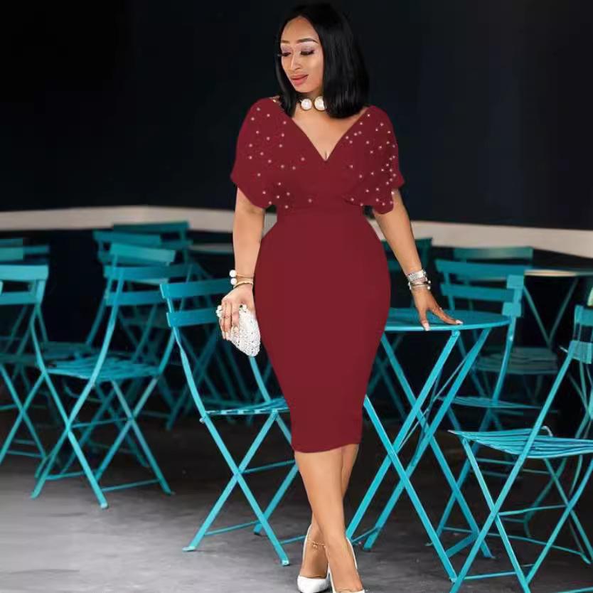 2024 Fashion Solid Color V-Neck Tube Top Dress with Bubble Beads