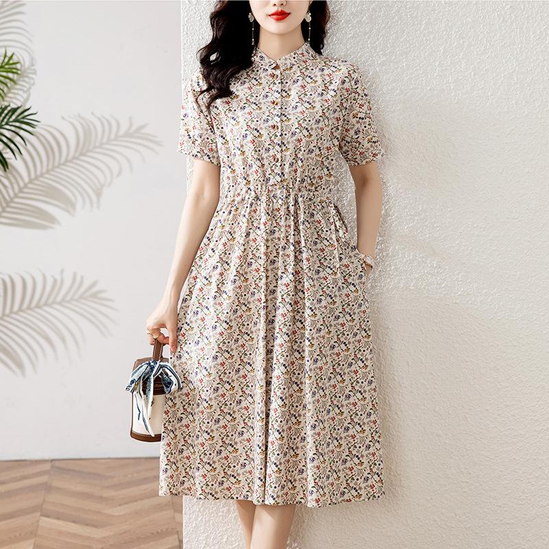 

Хлопково-льняное платье с принтом с коротким рукавом женское летнее новое свободное женское платье средней длины M