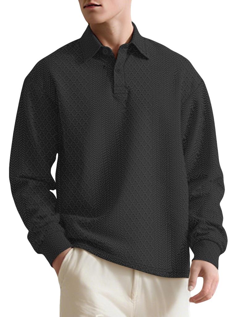European Style Textured Jacquard Long Sleeve Polo Shirt for Men