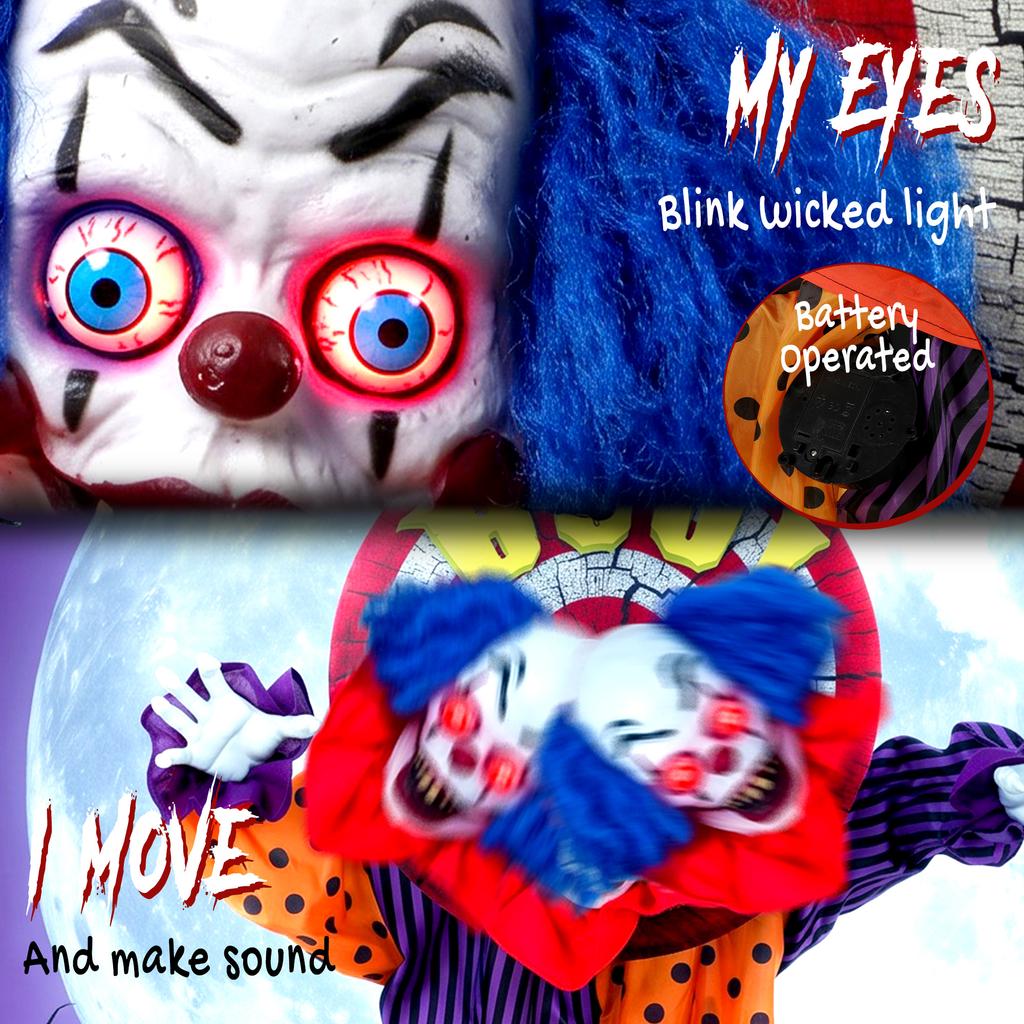 167 cm Life Size Animated Clown Halloween Decoration, Scary Halloween Animatronics Decor with Sound Touch Activated