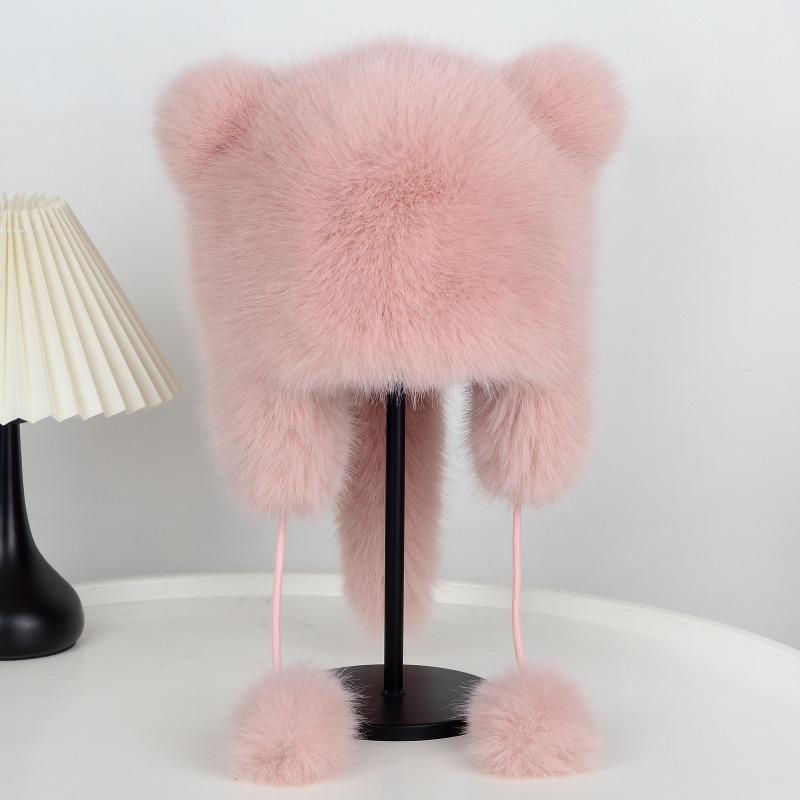 Thickened Winter Hats for Women Keep Warm Cute Faux Fur Raccoon Tail Plush Hat Hat Winter Warm Brim Cap with Tail Cute Cat Ears Fur Bomber Hats