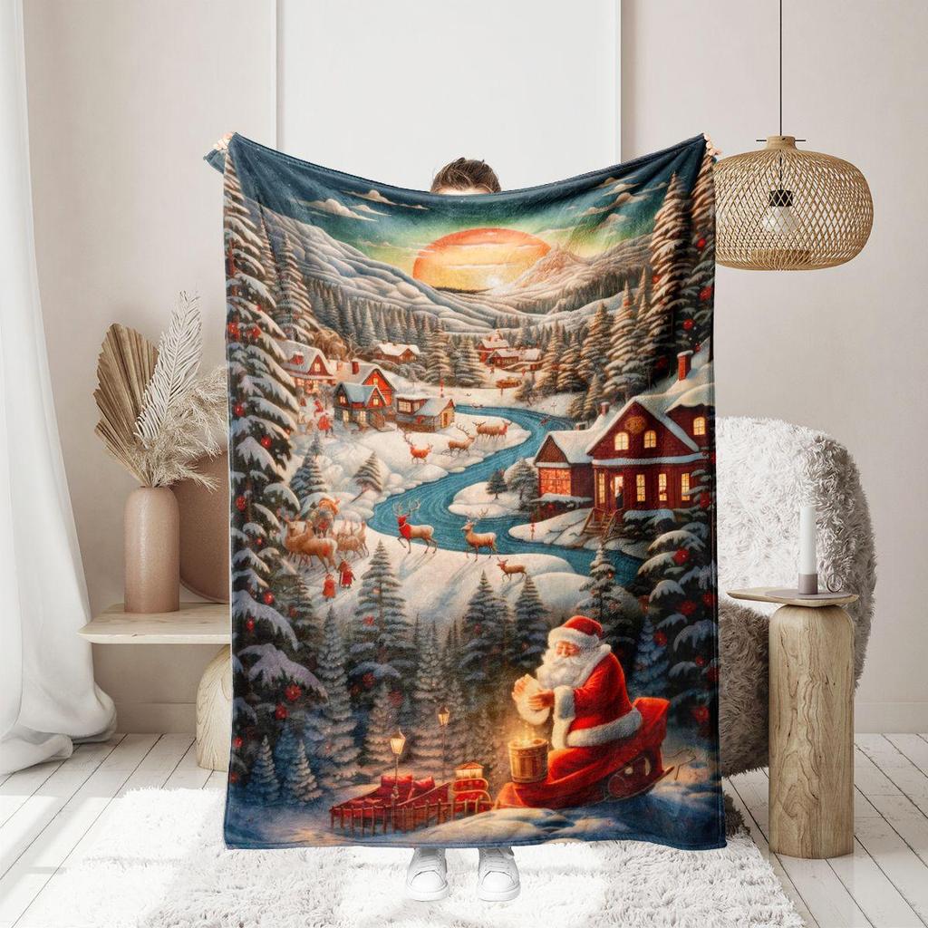 Santa Claus Snow Scene Thick Flannel Office & Nap Blanket