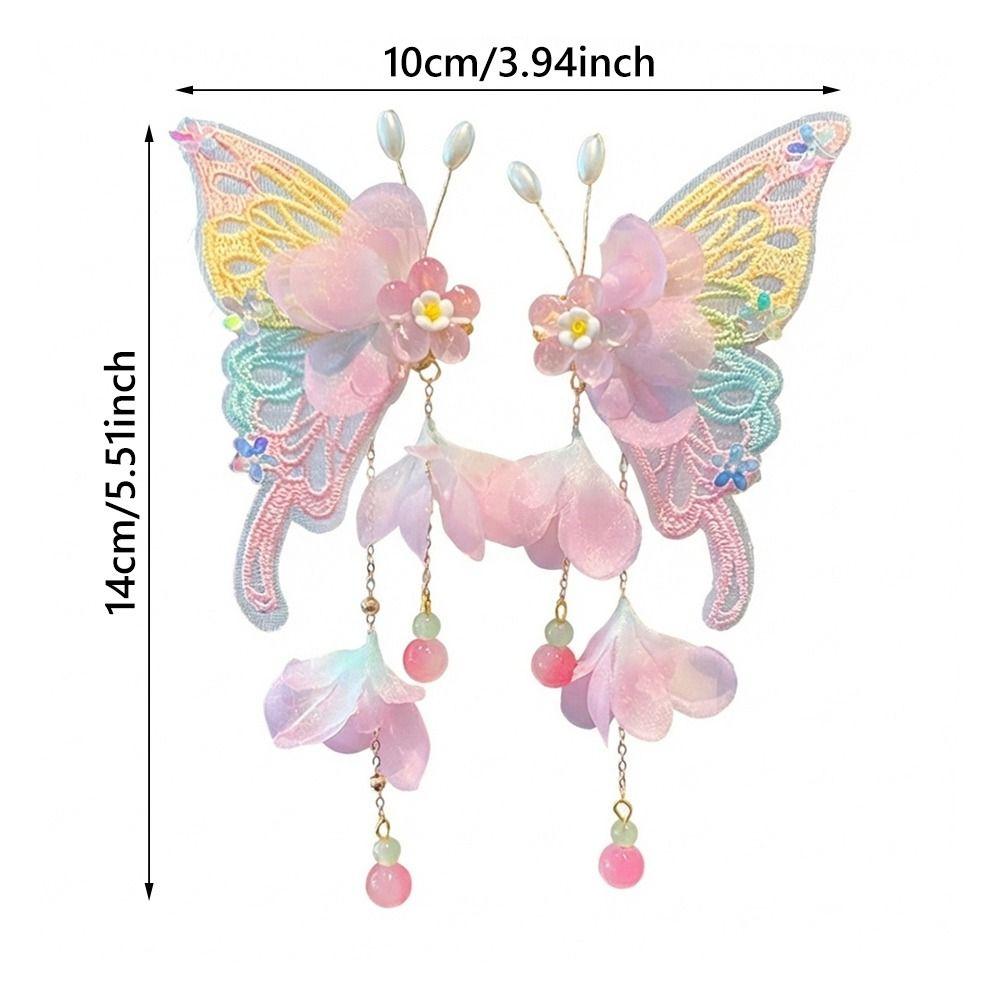 2pcs/set Extra Large Butterfly Hairpin Flower Shake Tassels Floral Hair Clips Silk Hanfu Headdress Hair Accessories