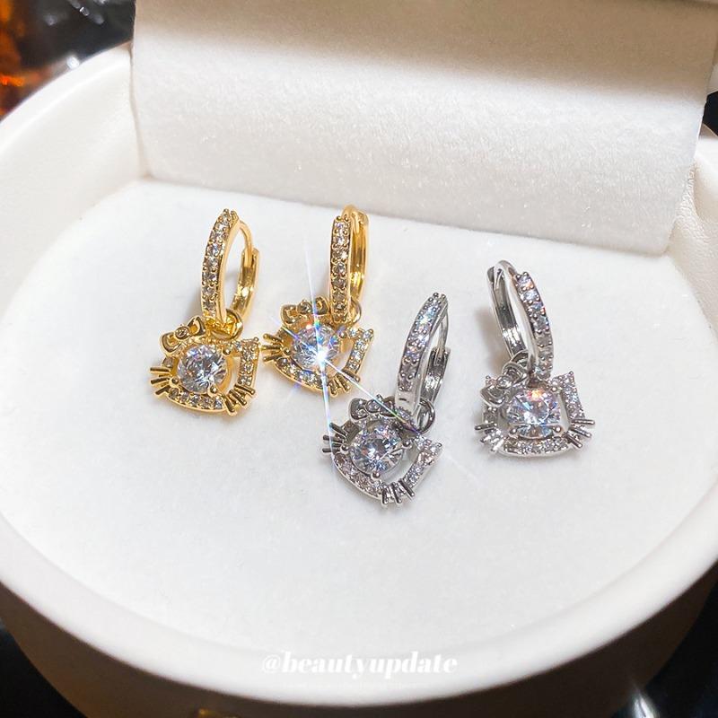 New shining zircon KT cat ear buckle exquisite cute style earrings light luxury high-end feeling great good-looking earrings women