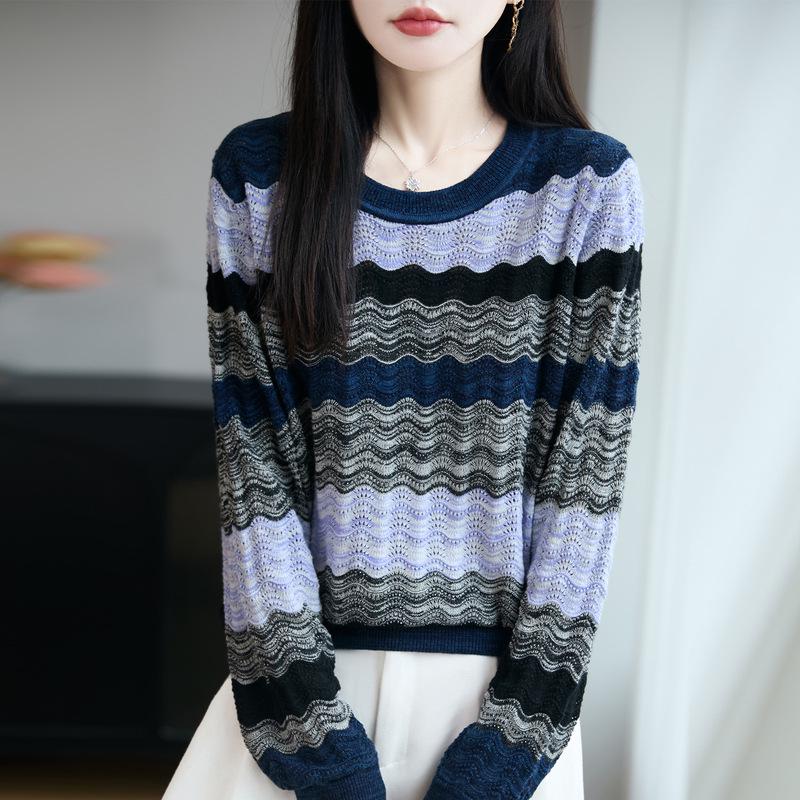 

Women s Retro Patchwork Knitted Sweater - Autumn/Winter Round Neck Pullover Large