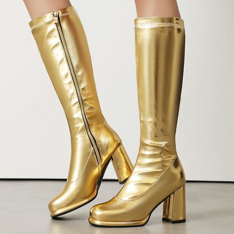 Γυναικείες Μπότες πάνω από το Γόνατο Δερμάτινες Σέξι Φερμουάρ Χειμερινά Παπούτσια Μαύρο Χρυσό Κόκκινο Ψηλοτάκουνες Μακριές Μπότες Τσέλσι Κυρίες Μεγάλο Μέγεθος
