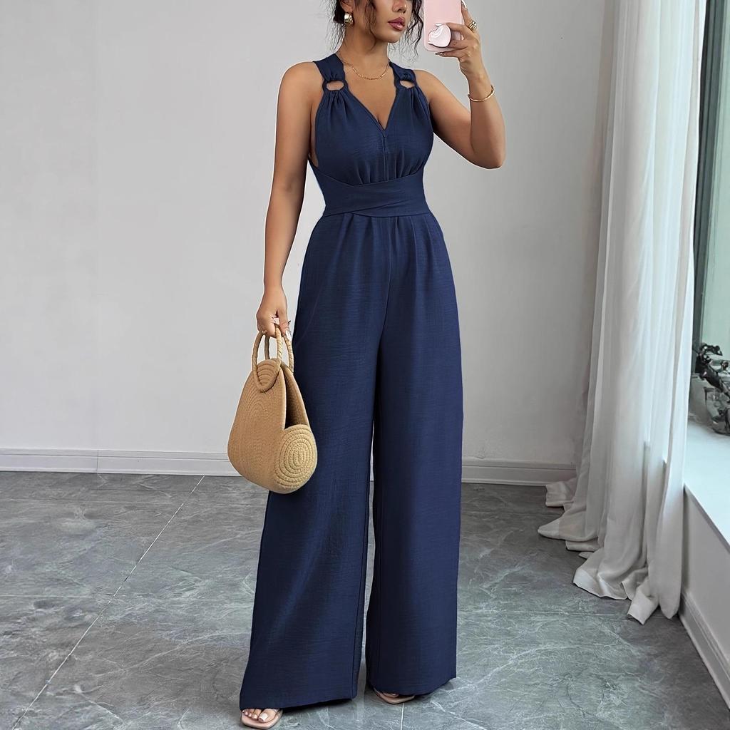European Women's 2025 V-Neck Backless Cross-Waist Wide-Leg Jumpsuit