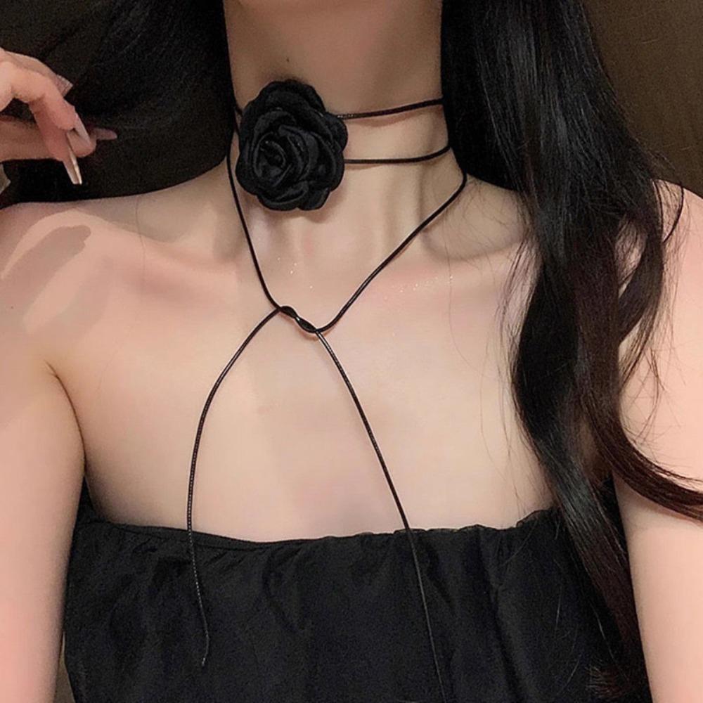 Black and white flower necklace rose choker neck flower neckband necklace female neck collar camellia clavicle chain
