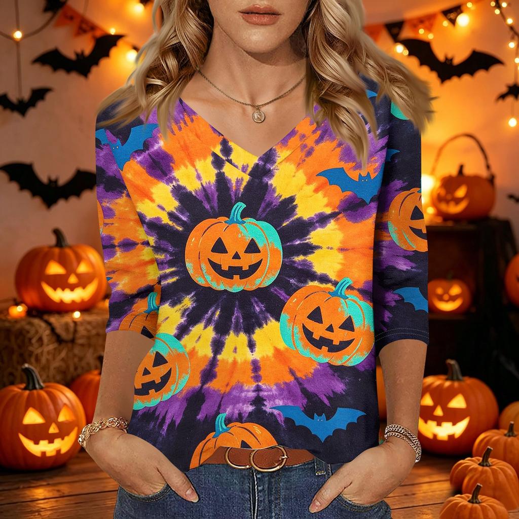 Women's Casual Halloween Printed V Neck Three Quarter Sleeve Top Tie Dye Pumpkin Bat Pattern Lightweight Blouse for Fall