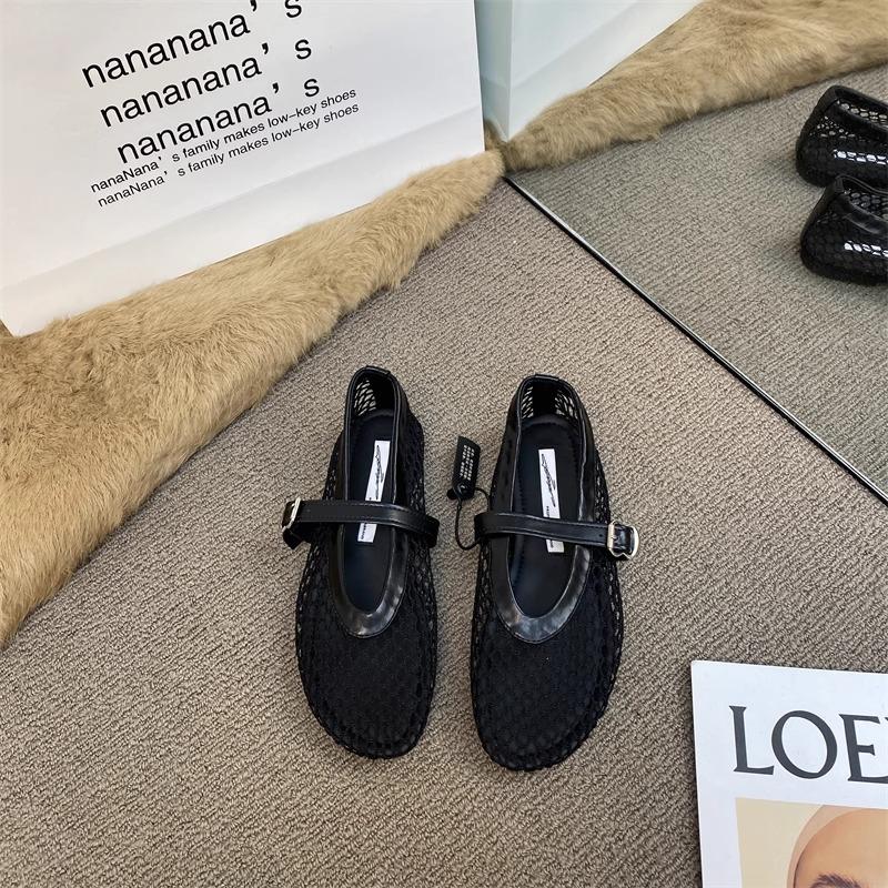Internet-Berühmtheit runde Schnalle mit Ballerinas Damen Mesh flache Sohle hohl Mary Jane Einzelne Schuhe Fischernetzschuhe Sandalen