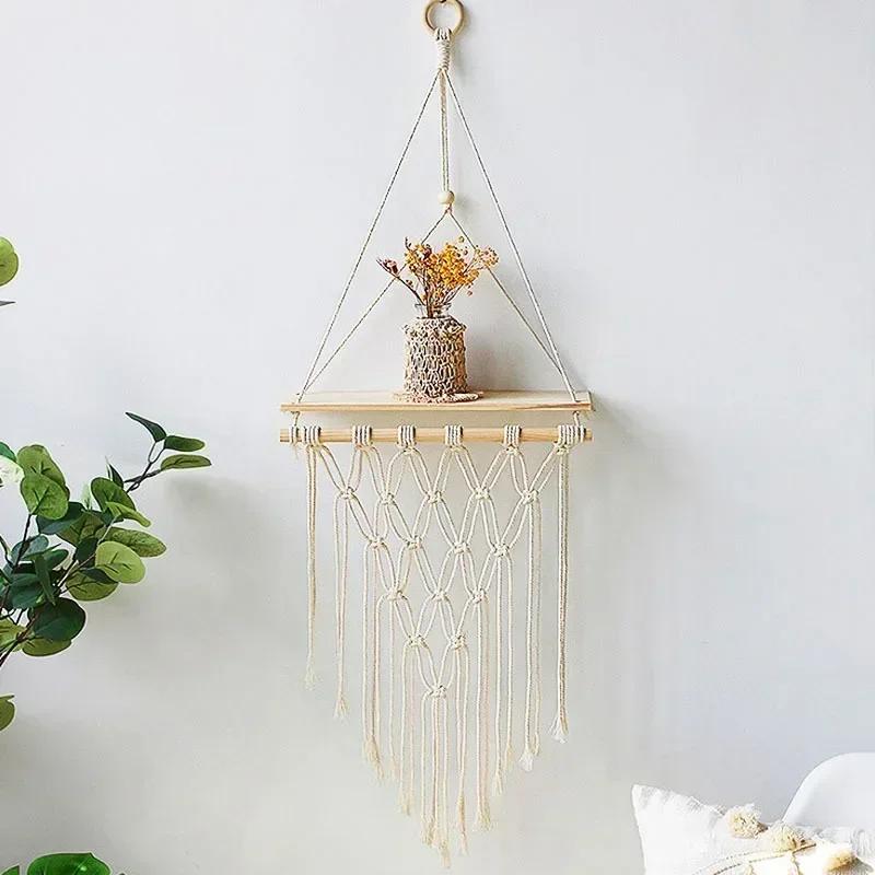 Macrame Wall Hanging Shelf Boho Home Decor Shelves On Wall Wood Decoration for Bedroom Living Room Nursery Christamas Gift