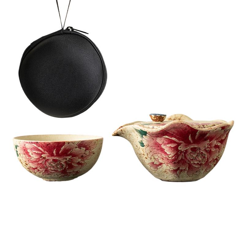 Flint red ceramic teapot, household tea set, tea maker, quiet retro peony, high-end single small hand-held pot