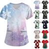 Women's Christmas Print Short Sleeve V-Neck Loose Fit Caregiver Uniform with Pockets