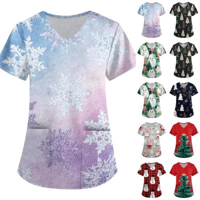 Women's Christmas Print Short Sleeve V-Neck Loose Fit Caregiver Uniform with Pockets