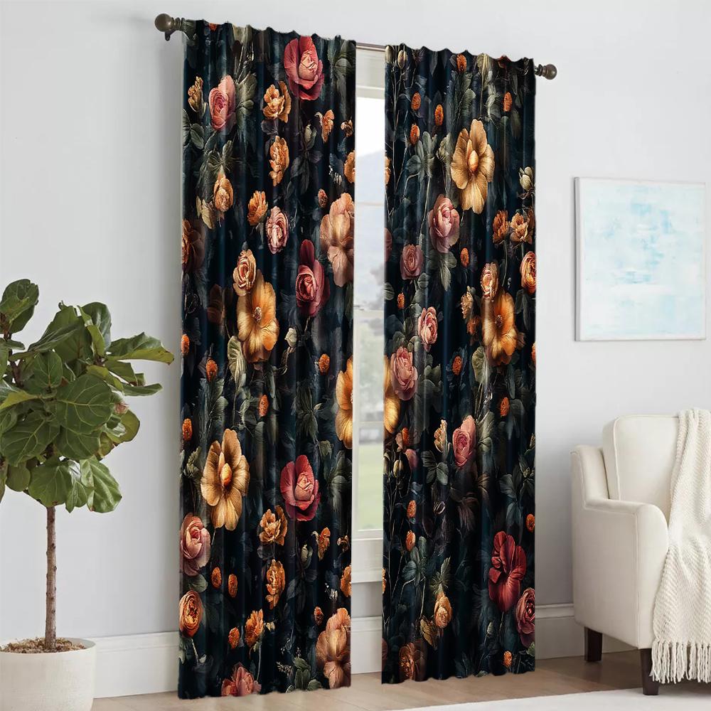 2 Pcs   Versatile Polyester Transparent Curtains for Home Decoration Dark Series Bird and Flower for Use In Bedrooms and Living