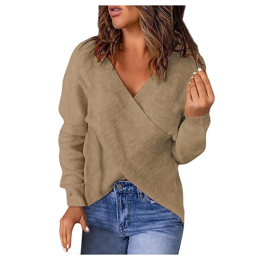 Damen-Pullover, lässig, einfarbig, V-Ausschnitt, lockerer Strickpullover, gerippter Strickpullover