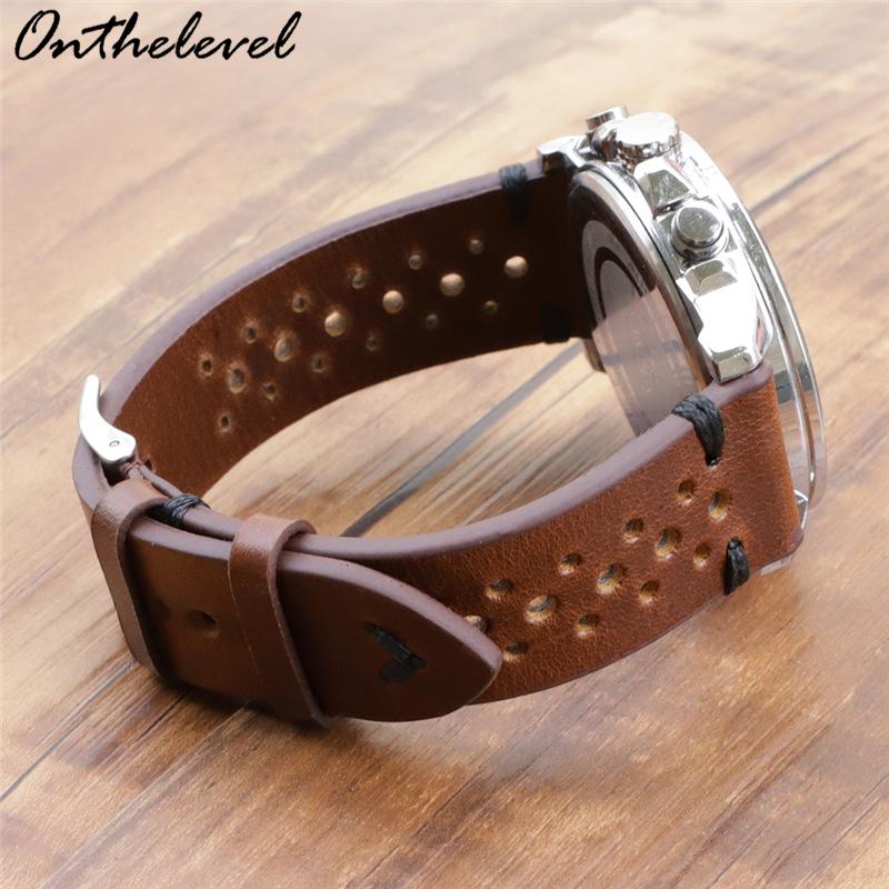 Available Porous Genuine Leather Watch Strap, Quick Release, Brown Cracked Pattern, Sizes: 18mm, 20mm, 22mm, 24mm.