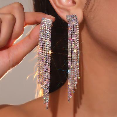 Temperament Luxury Super Flash Ab Rhinestone Long Tassel Earrings Fashion Earrings Bridal Earrings Women's Earrings 1 Pair