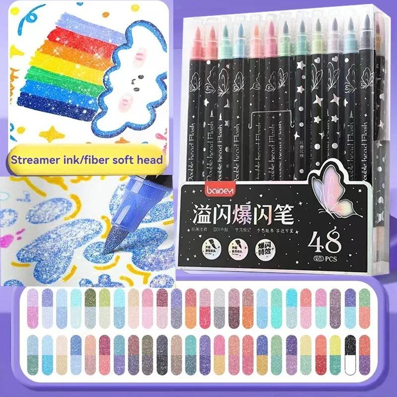 12/48/72/96 Colors Dual Brush Tip Glitter Art Markers Metallic Paint Marker Pens DIY Crafts Birthday Cards, Making Poster, Album